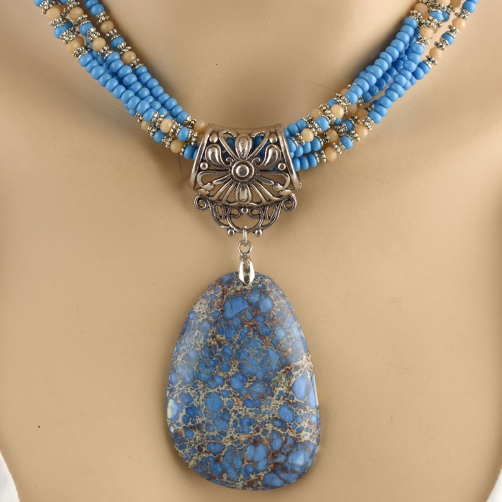 Seed Bead & Sea Sediment Jasper Necklace Earring - Picture 4 of 4